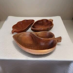 3 MCM Monkey Pod Wood Serving Bowls Vintage Trinket Keys Candy Dish Boho Leaf